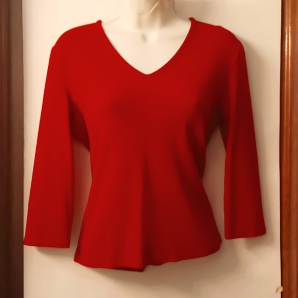 Ralph Lauren Red 3/4 Sleeve Large Pleated V-neck Knit Top